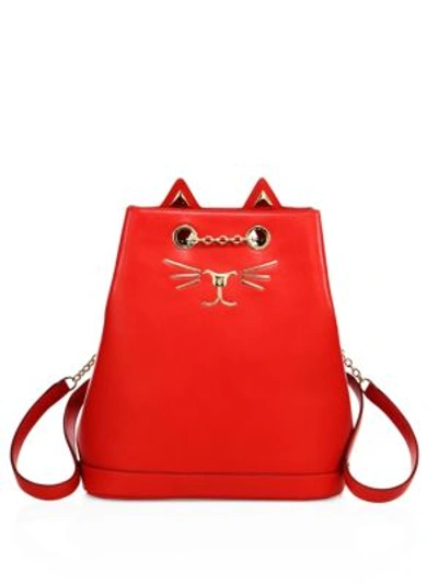 Shop Charlotte Olympia Feline Croc-embossed Leather Backpack In Red