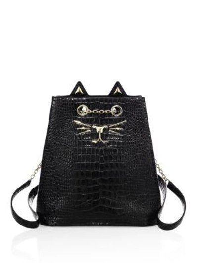 Shop Charlotte Olympia Feline Croc-embossed Leather Backpack In Red