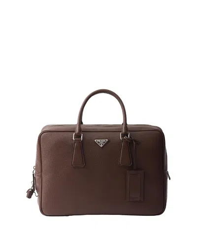 Prada Triangle Logo Leather Briefcase In Brown
