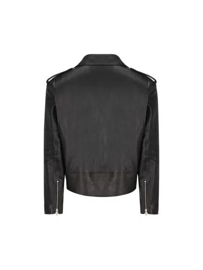 Saint Laurent Black Biker Jacket With Classic Lapels And Asymmetric Zip On The Front In Hammered Lea In Blue