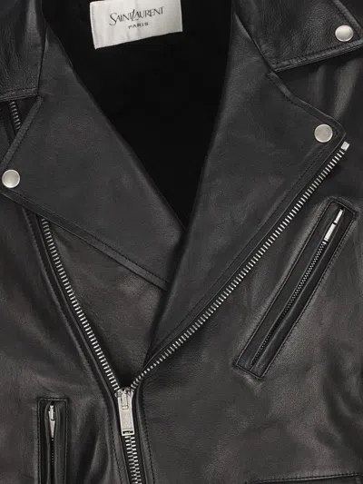 Saint Laurent Black Biker Jacket With Classic Lapels And Asymmetric Zip On The Front In Hammered Lea In Blue