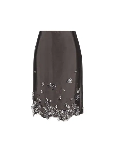 Prada Midi Skirt In Wool And Silk With Applications