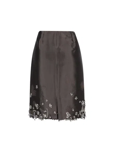 Prada Midi Skirt In Wool And Silk With Applications
