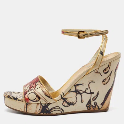 Pre-owned Prada Multicolor Fairy Print Leather Ankle Strap Platform Wedge Sandals Size 39.5