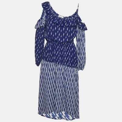 Pre-owned Sandro Blue Lightning Bolt Print Crepe Cold-shoulder Midi Dress M