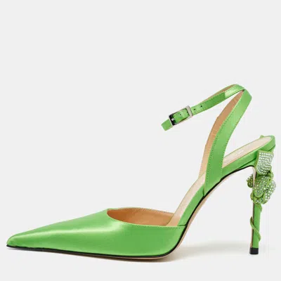 Pre-owned Mach&mach Green Satin Wonder Tulip Pointed Toe Ankle Strap Sandals Size 37