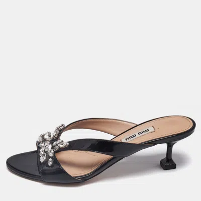 Pre-owned Miu Miu Black Patent Leather Crystal Embellished Slide Sandals Size 36