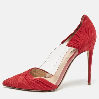 Pre-owned Valentino Garavani Red Suede And Pvc B Drape Pointed Toe Pumps Size 38