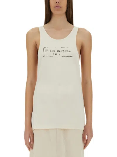 Maison Margiela Beige Top With Wide Neckline And Logo Printed On The Front