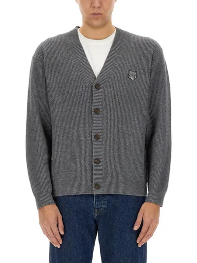 Maison Kitsuné Wool Blend Cardigan With Embroidered Foxy Patch On The Front