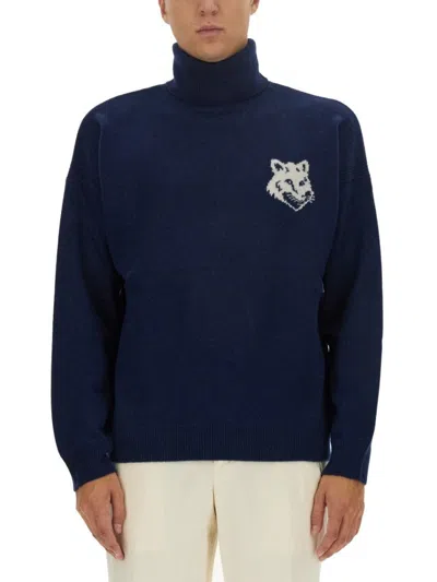 Maison Kitsuné Turtleneck Sweater With Cuffs And Hem In Blue