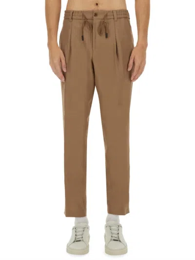 Hugo Boss Drawstring Waist Tapered Leg Trousers With Pockets In Brown