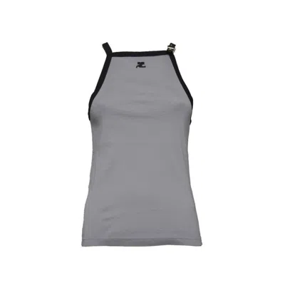 Shop Courrèges Gray Cotton Buckle Tank Top With Contrast Trim