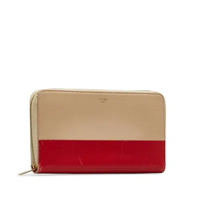 Pre-owned Celine Beige Red Color Leather Long Wallet (bi-fold) ()