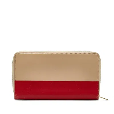 Pre-owned Celine Beige Red Color Leather Long Wallet (bi-fold) ()