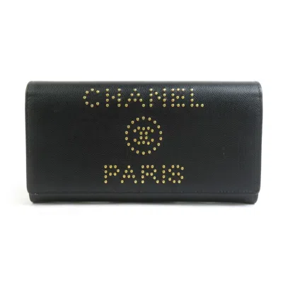 Pre-owned Chanel Black Grained Calfskin Long Wallet (bi-fold) ()