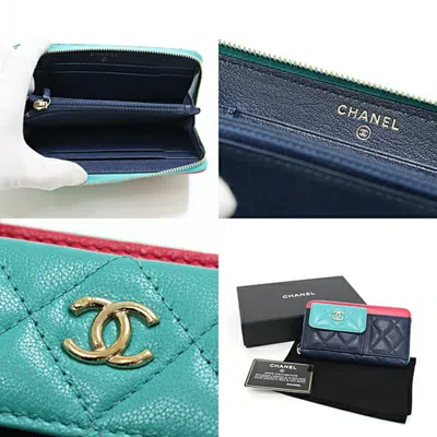 Pre-owned Chanel Green Navy Pink Leather Wallet (bi-fold) ()