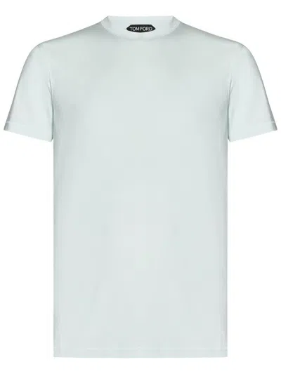 Tom Ford Mens Brand-embroidery Crewneck Woven T-shirt Glass Blue