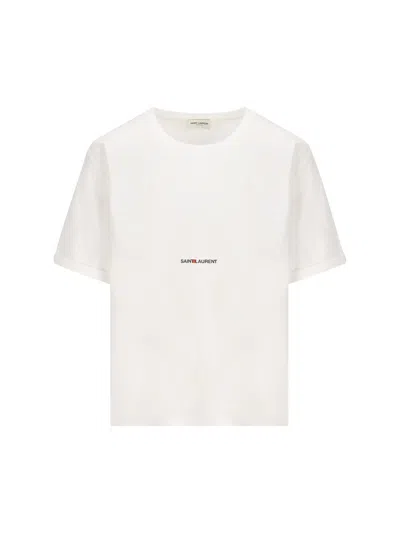 Saint Laurent Basic White T-shirt With Miiddle Logo Print In Cotton Woman