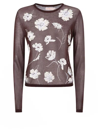 Tory Burch Floral-embroidered Knitted Top