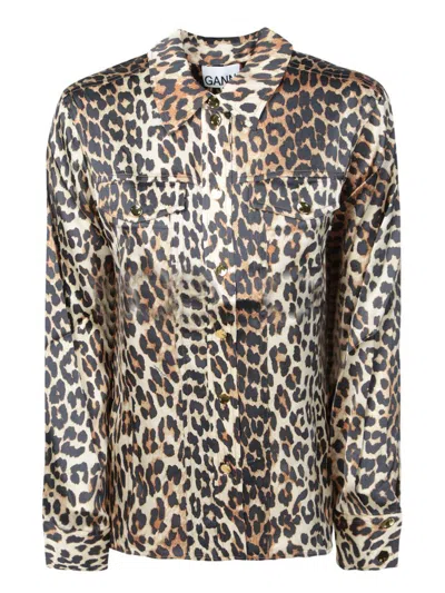 Ganni Leopard Pattern Satin Long Sleeve Shirt