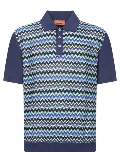 Missoni Short-sleeved Blue Cotton Knit Polo Shirt Wit