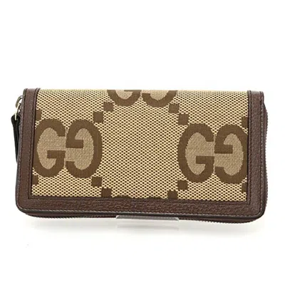 Pre-owned Gucci Beige Brown Canvas Leather Long Wallet (bi-fold) ()