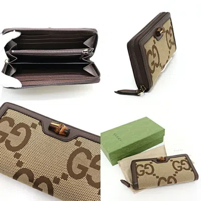 Pre-owned Gucci Beige Brown Canvas Leather Long Wallet (bi-fold) ()
