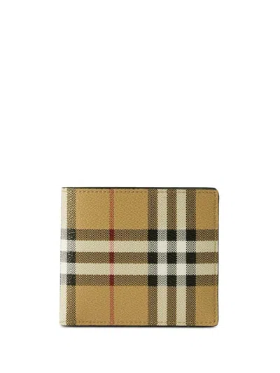 Burberry Beige Bifold Wallet With Check Motif In Techno Fabric