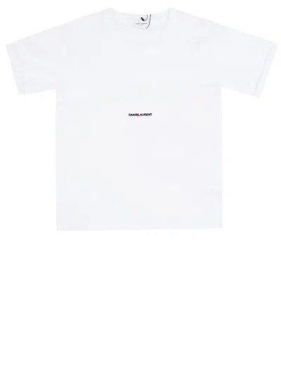 Saint Laurent Basic White T-shirt With Miiddle Logo Print In Cotton Woman