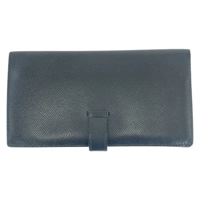 Pre-owned Hermes Black Box Calf Leather Long Wallet (bi-fold) ()