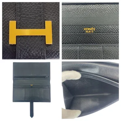Pre-owned Hermes Black Box Calf Leather Long Wallet (bi-fold) ()