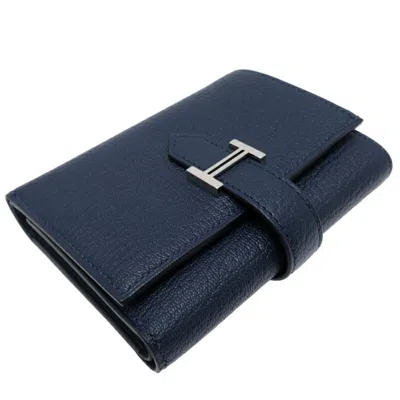 Pre-owned Hermes Navy Chevre Leather Wallet (tri-fold) () In Blue