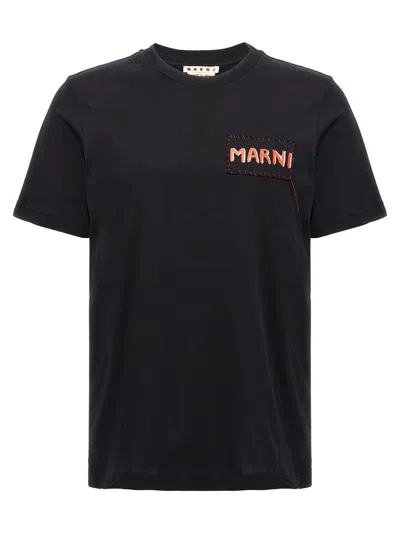 Marni Mens Black Embroidered Logo-patch Crewneck Cotton-jersey T-shirt
