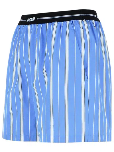 Msgm Blue Bermuda Shorts With Elastic Drawstring Waist With Logo Lettering And All-over Striped Motif In 