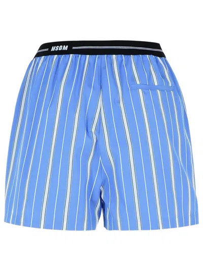Msgm Blue Bermuda Shorts With Elastic Drawstring Waist With Logo Lettering And All-over Striped Motif In 