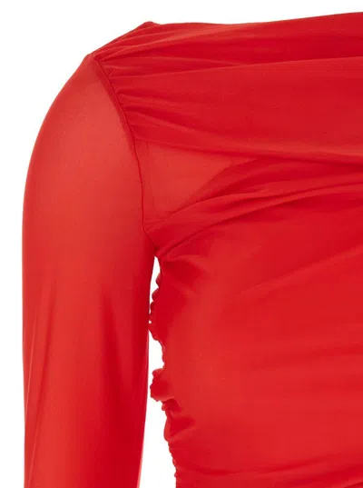 Shop Pinko Red Long Dress With Ruffles And Boat Neckline In Tech Fabric Woman
