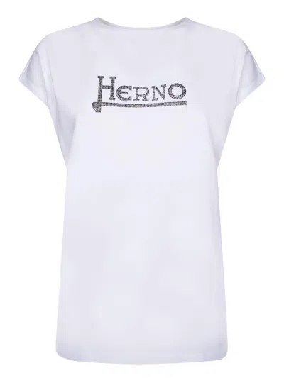 Herno White T-shirt With Logo On The Front Decorated With Studs In Cotton Woman