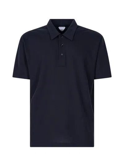 Bottega Veneta Blue Polo With Classic Collar And Embroidered Logo On The Front In Tone On Tone Cotto