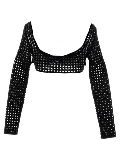 Giambattista Valli Cropped Macramé Bow Top Tops Black