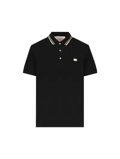 Valentino Garavani Black Polo Shirt With Classic Bicolor Collar And Logo Patch On The Front In Cotto