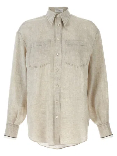 Brunello Cucinelli Beige Shirt With Chest Pockets And Monile Decorations In Linen Woman In Neutral
