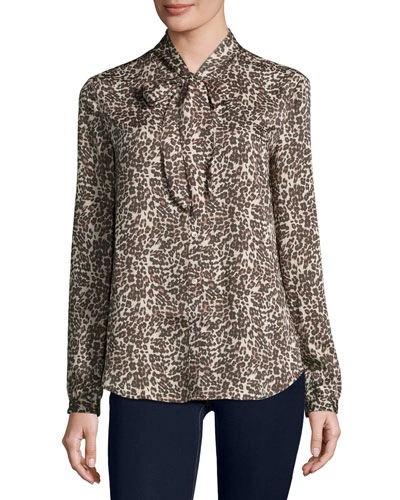 Three Dots Kathleen Tie-neck Leopard-print Blouse, Natural, Natural Co