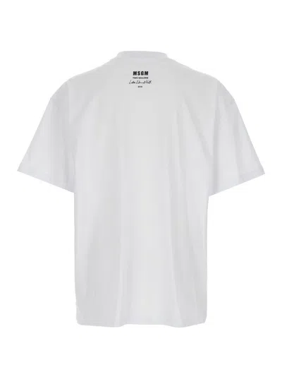 Msgm White Crewneck T-shirt With Patch On The Front And Logo Lettering On The Back In Cotton Man