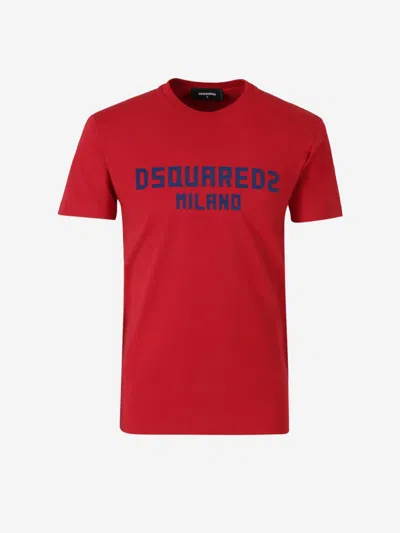 Dsquared2 Red Crewneck T-shirt With Logo Lettering On The Front In Cotton Man