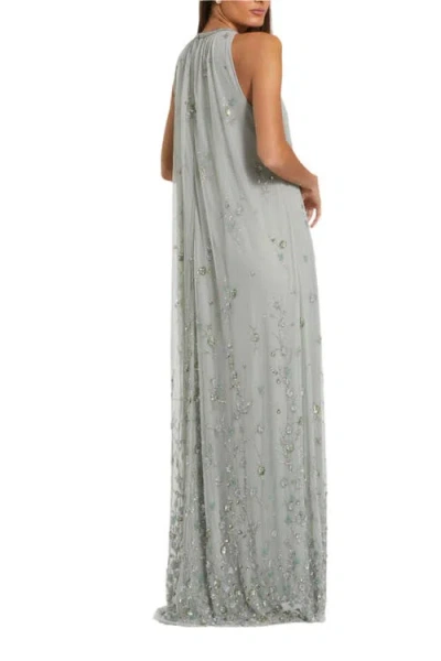 Mac Duggal High Neck Floral Embellished Mesh Trapeze Gown In Gray