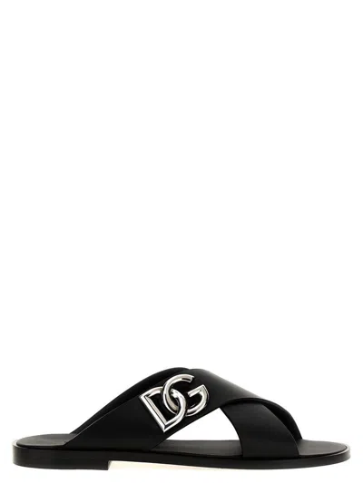 Dolce & Gabbana Black Sandals With Criss Cross Bands And Logo Detail In Leather Man