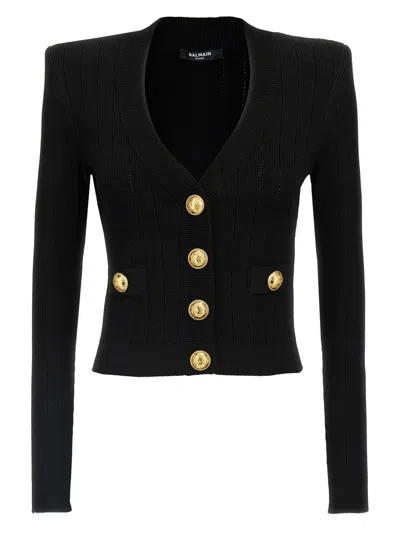 Balmain Black Ribbed Cardigan With Shoulder Pads And Logoed Metal Buttons