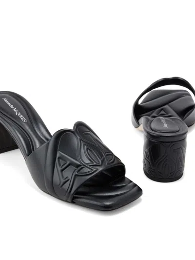 Alexander Mcqueen Black Slip-on Sandals With Embossed Logo In Padded Leather Woman