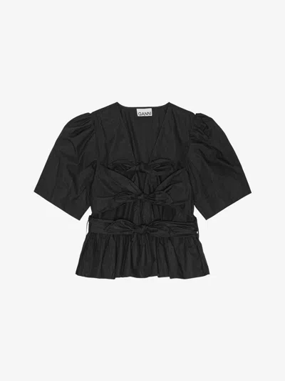 Ganni Poplin Front-tie Peplum Blouse With Puffed-sleeves